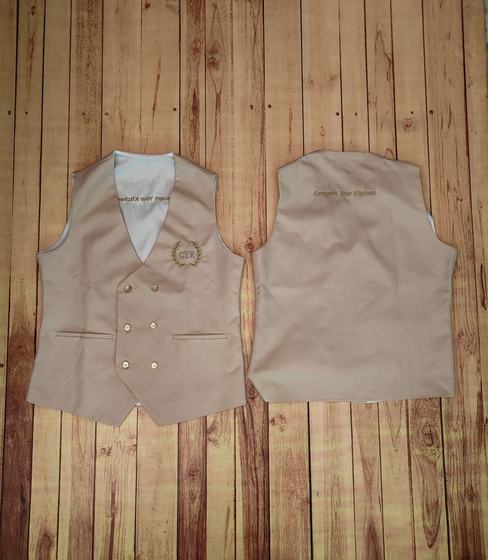 Beige double-breasted waistcoats with gold crest, front and back, custom made by RestroCart, New Delhi