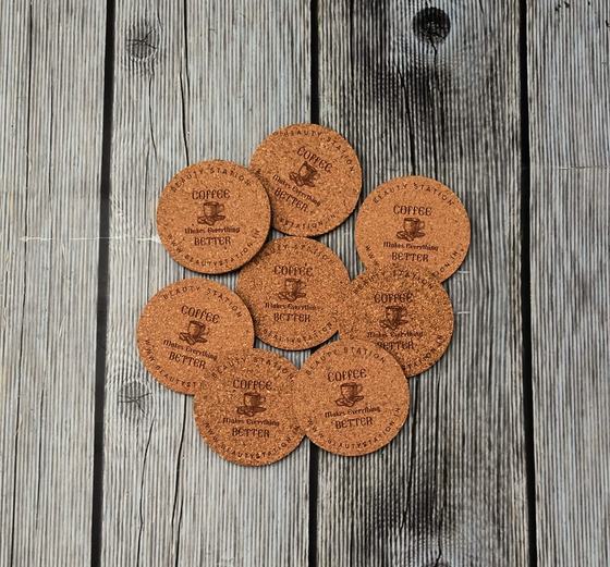 Round cork coasters with engraved coffee cup logo, set of nine, custom made by RestroCart, New Delhi
