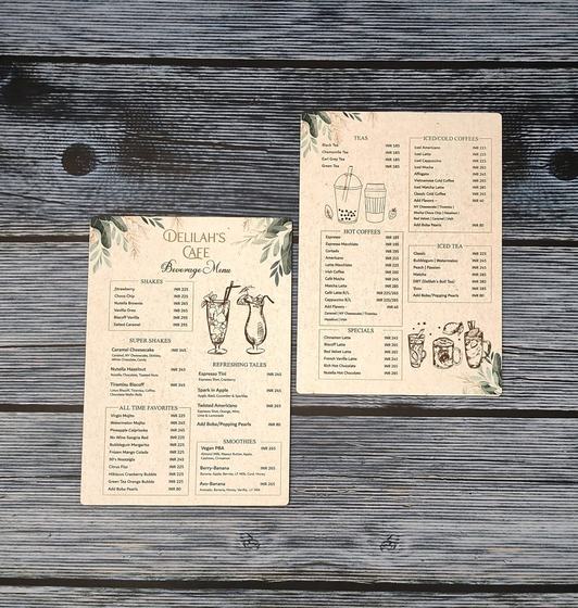 Printed beverage menu cards with botanical illustrations, custom made by RestroCart, New Delhi