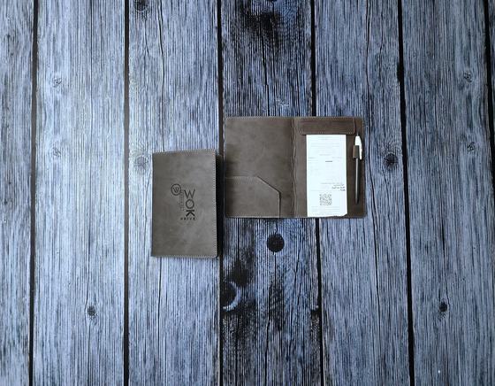 Grey brown leatherette bill folders, closed and open with pen, custom made by RestroCart, New Delhi