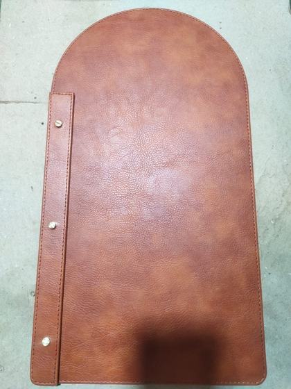 Brown textured leatherette arched menu board with screw spine, custom made by RestroCart, New Delhi