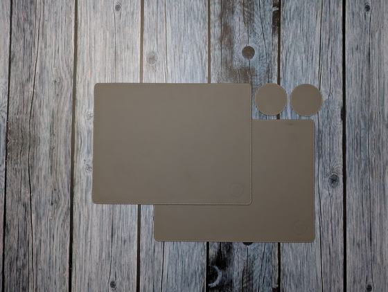Grey leatherette table mats with rounded corners and two matching round coasters, custom made by RestroCart, New Delhi