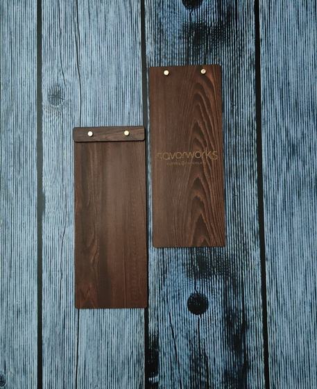 Dark wooden clip menu boards with brass screws, engraved logo, custom made by RestroCart, New Delhi