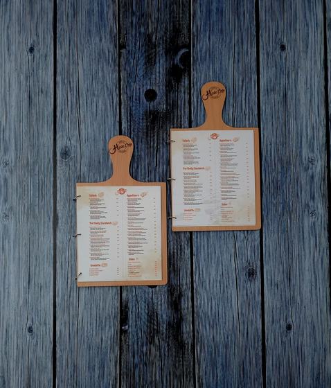Paddle-shaped MDF menu boards with handle and printed menu, custom made by RestroCart, New Delhi