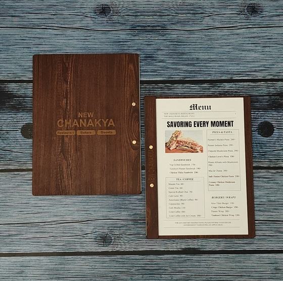 Dark wood grain MDF menu board with engraved logo and menu insert, custom made by RestroCart, New Delhi