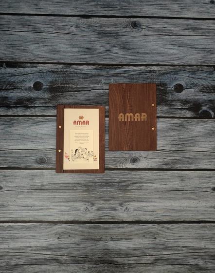 Small dark wooden menu boards with printed cover and engraved front, custom made by RestroCart, New Delhi