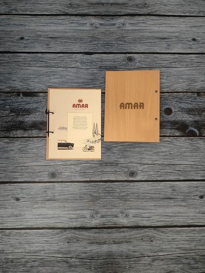 Light wood MDF menu boards with ring binding and printed insert, custom made by RestroCart, New Delhi