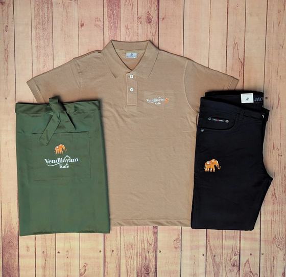 Beige polo t-shirt, olive half apron and black jeans set, custom made by RestroCart, New Delhi