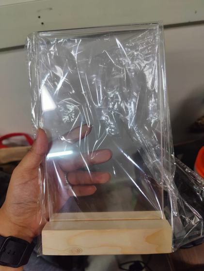 Clear acrylic table stand with pine base in protective wrap, custom made by RestroCart, New Delhi
