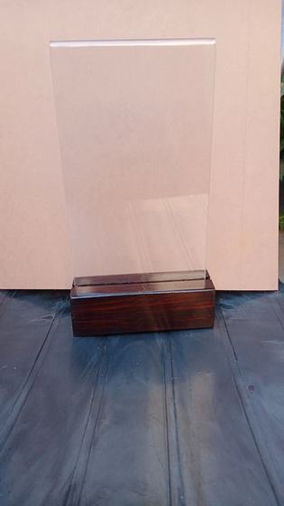 Clear acrylic card holder slotted into a dark wooden base, custom made by RestroCart, New Delhi